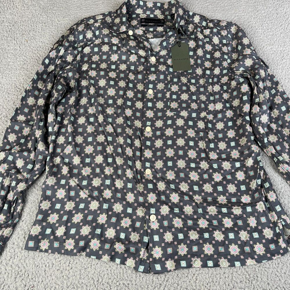 ALLSAINTS Washed Black Shirt Mens Small Long Sleeve Loop Collar Viscose Pocket